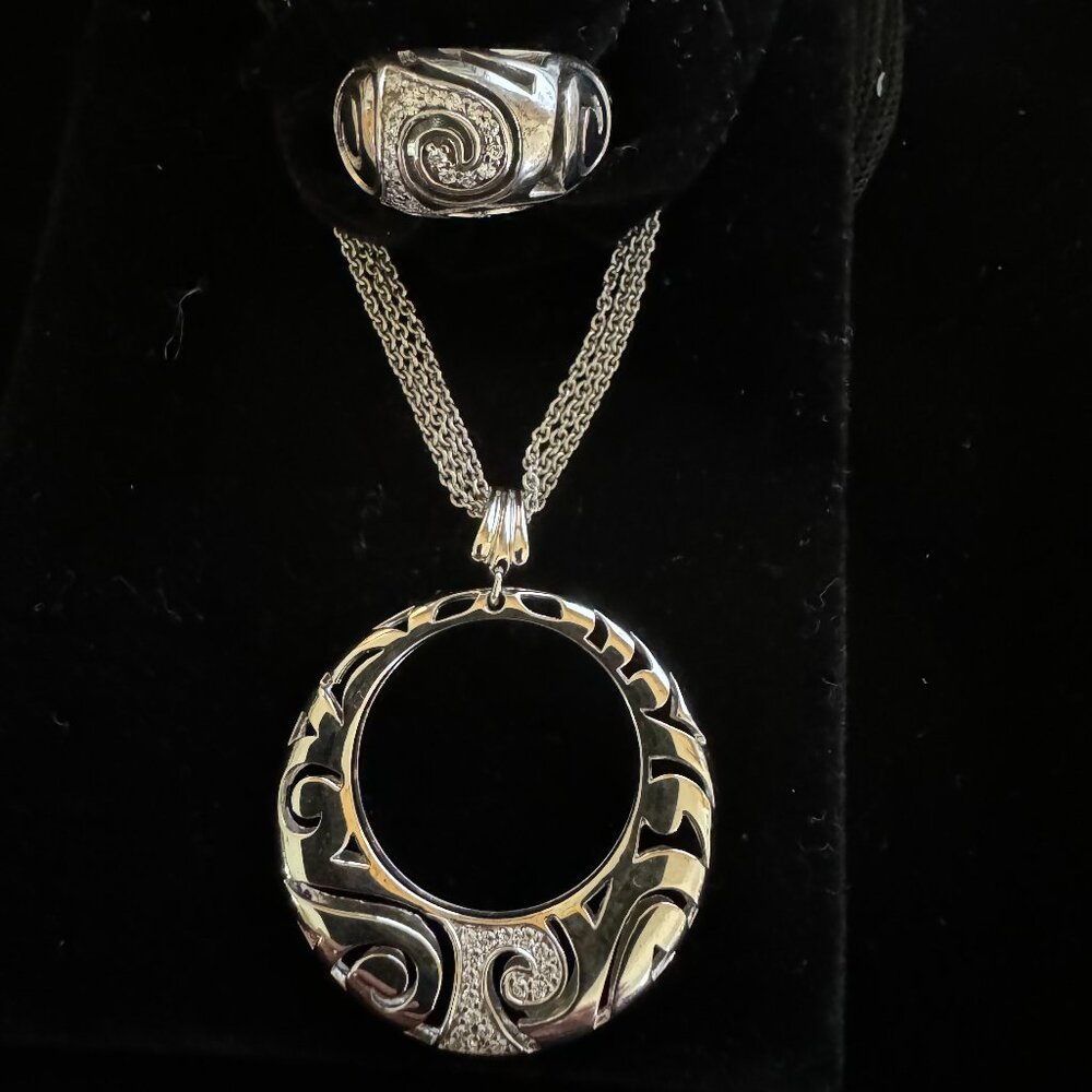Pierre Cardin Sterling Silver P Medallion Necklace and Ring Set New with Tags